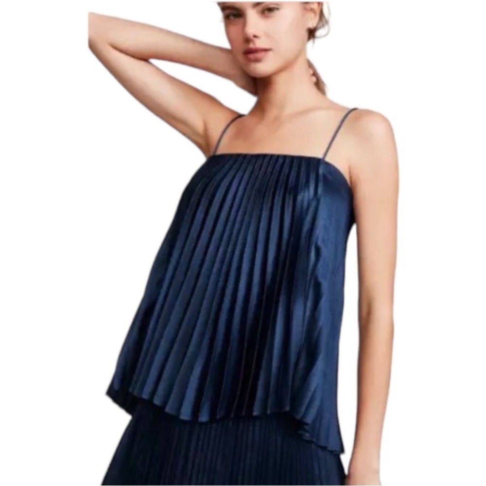 $225 Vince Accordion Pleated Cami Top XXSmall Blue Spaghetti Straps High Low NWT